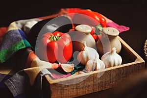 Autumn harvest vegetables, home growth onion and garlic picked up from farm in rustic tray