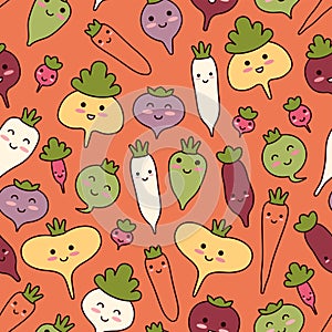 Autumn harvest vegetables. Seamless pattern. Cute orange background with kawaii veggies.