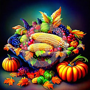 Autumn harvest in a wicker basket with fruits and vegetables on a dark background AI Generated