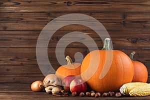 Autumn harvest on wooden table