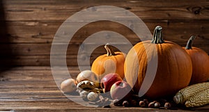 Autumn harvest on wooden table