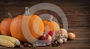 Autumn harvest on wooden table