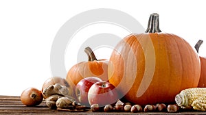 Autumn harvest on wooden table