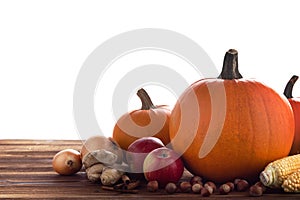 Autumn harvest on wooden table