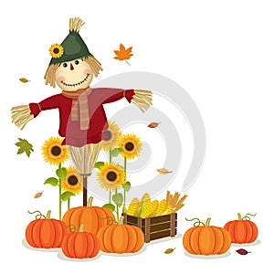 Autumn harvesting with cute scarecrow and pumpkins