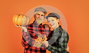 Autumn harvesting works. Work at fields. Harvest festival. Farmers market. Autumn mood. Couple in love checkered rustic