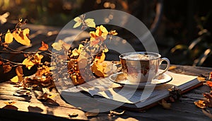 Autumn heat, nature table, wood warmth, coffee relaxation generated by AI
