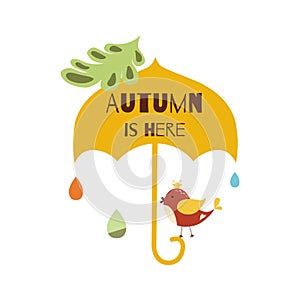 Autumn is here Hand drawn typographic element umbrella bird rain drops fall leaves vector print