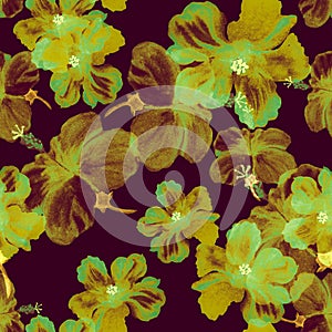 Autumn Hibiscus Jungle. Green Seamless Backdrop. Gray Flower Design. Yellow Watercolor Backdrop. Orange Pattern Print. Purple Trop