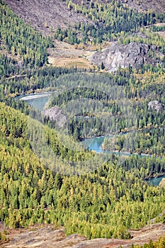 Autumn highland landscape. Altai river Chuya surrounded by mountains. Altai, Russia