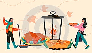 Autumn holidays banner for Thanksgiving and Halloween, flat vector illustration