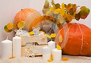 Autumn home decor. Autumn entourage of Pumpkins, candles, leaves. Blank for design. The idea of the interior.