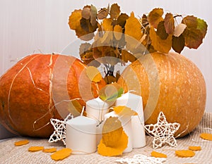 Autumn home decor. Autumn entourage of Pumpkins, candles, leaves. Blank for design. The idea of the interior.