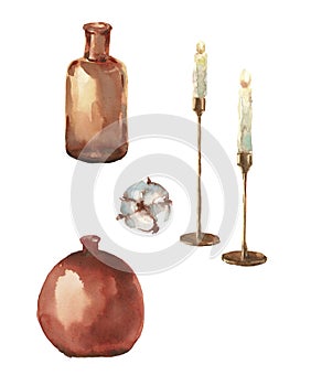 Autumn home decor, candles, vase, bottle, watercolor illustration