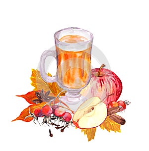 Autumn hot drink in glass with berries, apples and spices in autumn leaves. Watercolor for teatime photo