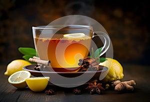 Autumn hot tea with ginger, lemon, honey and spices at dark rusty table