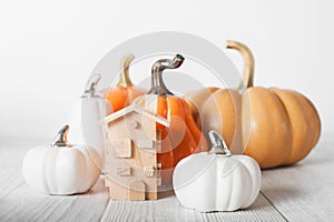 Autumn house insurance, sale, rent concept. White decorative pumpkins and autumn yellow leaves with miniature wooden