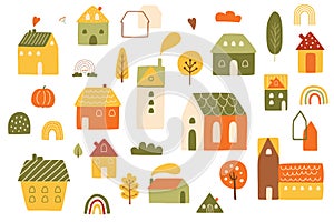 Autumn houses set. Country autumn landscape elements. Wooden houses, autumn trees, fall rainbows, village