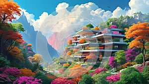 Autumn hues embrace modern architecture in a tranquil valley photo