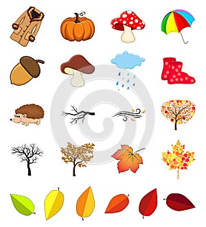 Autumn icon set. Cartoon fall symbols collection isolated on white background. Autumnal illustration elements for october vector