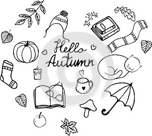 Autumn icons set:falling leaves, pumpkin, candle, mug, book, glasses, knitted socks, cute cat and other.