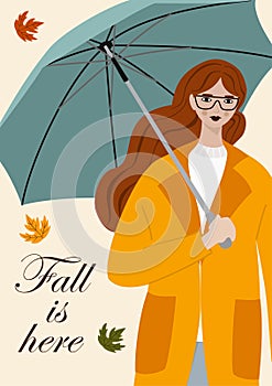 Autumn illustration with a cute girl and umbrella. Vector flat design for card, poster, banner. Beautiful template.