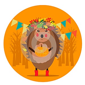 Autumn illustration with funny hedgehog in a wreath on the head and pumpkin in the hand