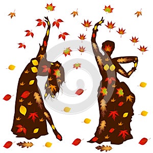 Autumn illustration of oriental dance, two girls silhouette in l