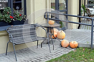 Autumn installation with pumpkins at a cafe on Pobedy Avenue in Kaliningrad