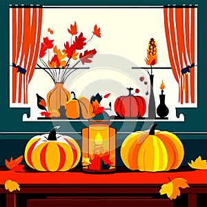 Autumn interior with pumpkins, candles and autumn leaves. Vector illustration generative AI