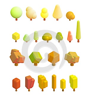 Autumn isometric 3d decorative trees for games, icons. Primitive figures. Set is isolated on a white background