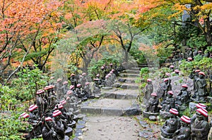Autumn Japanese garden with small buddha statues at Daisho-in Te