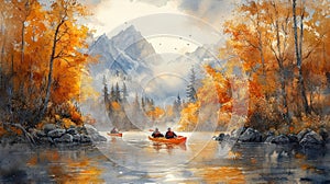 Autumn Kayaking in Mountain Lake Generative AI photo
