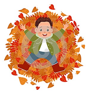 Autumn kid. Child playing with orange leaves. Boy lying on foliage heap. Teenager walking in park. Fall season. Smiling