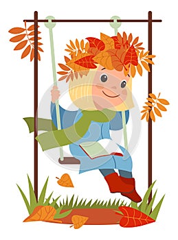 Autumn kid. Girl sitting on swing. Teenager reading with book. Orange leaves wreath. Fall season. Happy child walking in