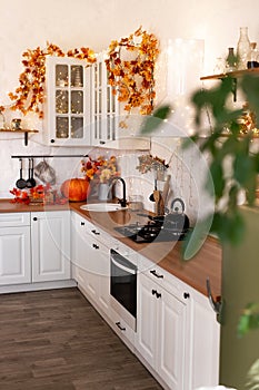 Autumn kitchen interior. Red and yellow leaves and flowers in the vase and pumpkin on light background