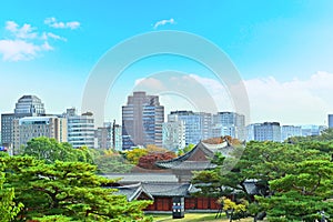 Autumn of Korean tradition architectural of Changgyeonggung Palace and modern building cityscpae modern office view background,