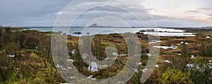 Autumn Lake Myvatn panoramic view, North-East Iceland