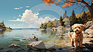Autumn Lake: A Nostalgic Children\'s Book Illustration Of A Poodle Puppy photo