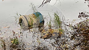 Autumn lake with old tyres in water