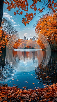 Autumn Lake Surrounded by Trees With Orange Leaves