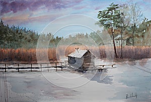 Abstract watercolor sketch of house on a forest lake. photo