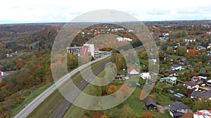 Autumn landscape aerial view of the bobsleigh and skeleton track luge track Sigulda
