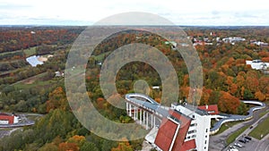 Autumn landscape aerial view of the bobsleigh and skeleton track luge track Sigulda