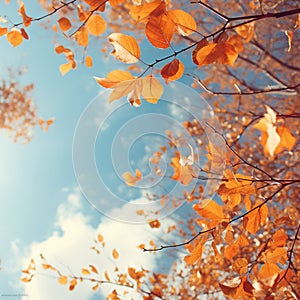 Autumn landscape. Autumn tree leaves sky background. generative AI