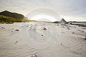 Autumn landscape and beach in Lofoten Islands, Northern Norway