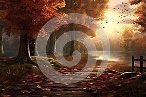 Autumn landscape with a bench in the park. 3d render, AI Generated