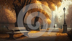 Autumn landscape with bench and trees in the park, 3d render