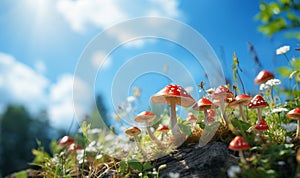 Autumn landscape in blue sunny sky with Flyagaric,red fly agaric mushroom on green grass with defocused foliage. Understory forest