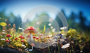 Autumn landscape in blue sunny sky with Flyagaric,red fly agaric mushroom on green grass with defocused foliage. Understory forest